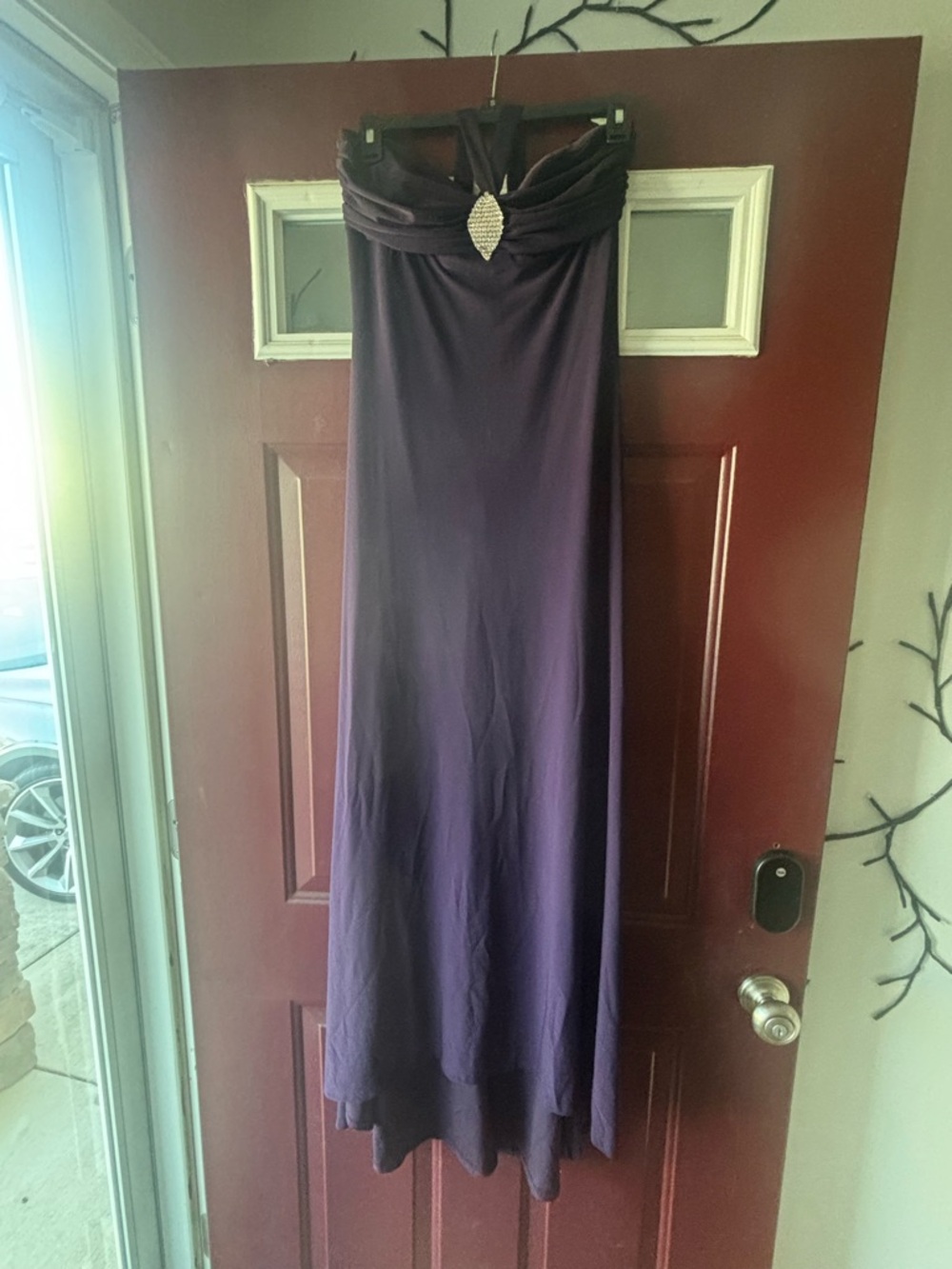B. Darlin Strapless Formal Dress in Deep Plum with Rhinestone Accent